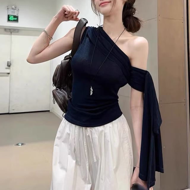 Cloud Nine-One-Shoulder Asymmetrical Plain Shirred T-Shirt