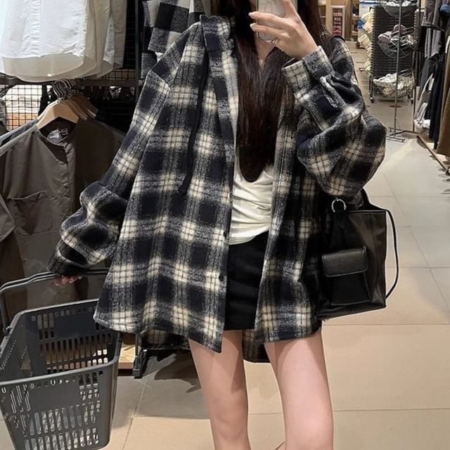 Cloud Nine-Plaid Drawstring Hooded Button Jacket