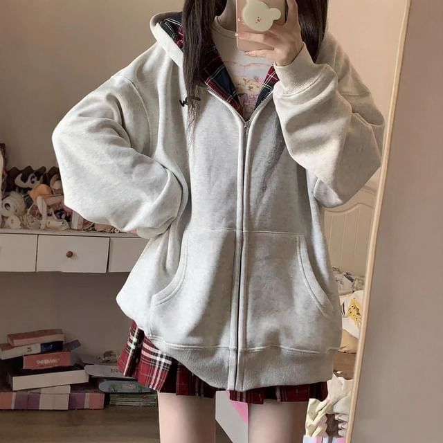 Cloud Nine-Plaid Panel Zip Hoodie