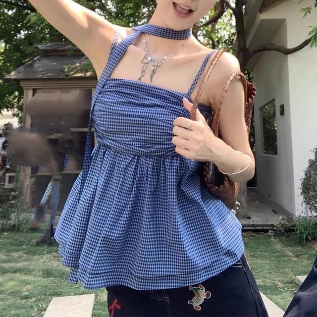 Cloud Nine-Plaid Ruched Cami Top