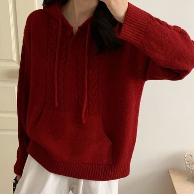 Cloud Nine-Plain Drawstring Cable Knit Hoodie