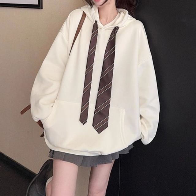 Cloud Nine-Plain Fleece-Lined Hoodie with Striped Necktie