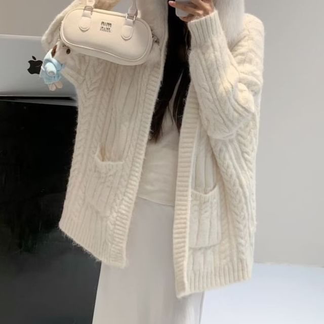 Cloud Nine-Plain Fluffy Trim Hooded Open Front Cable Knit Cardigan