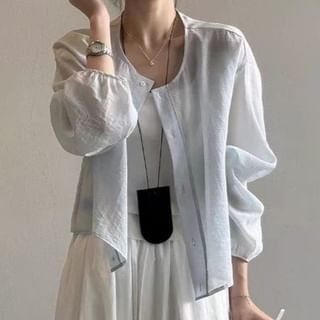 Cloud Nine-Puff-Sleeve Plain Button-Up Blouse