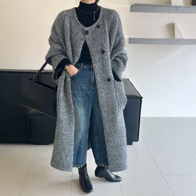 Cloud Nine-Round Neck Melange Maxi Double Breasted Cardigan