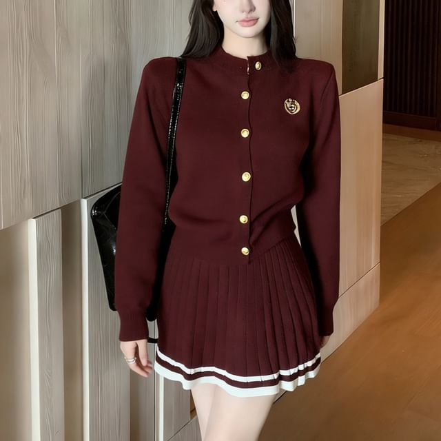 Cloud Nine-Round Neck Plain Button Up Cardigan Mid Rise Mini A-Line Skirt