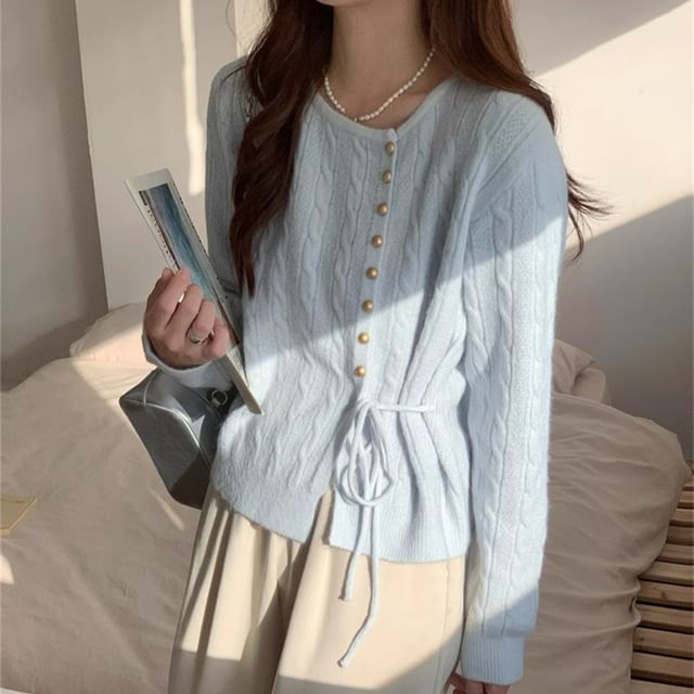 Cloud Nine-Round Neck Plain Tie Waist Cardigan