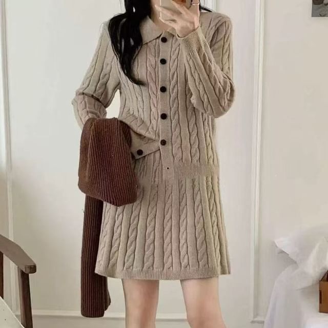 Cloud Nine-Set Collared Button-Up Plain Cable Knit Cardigan High Rise Mini A-Line Skirt