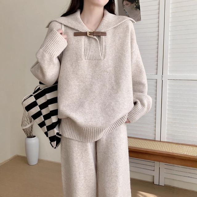 Cloud Nine-Set Collared Plain Buckled Sweater High Rise Knit Wide Leg Pants