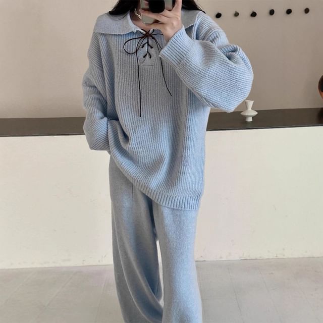 Cloud Nine-Set Collared Ribbed Lace-Up Plain Sweater High Rise Wide Leg Pants