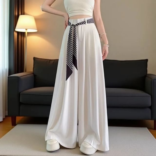 Cloud Nine-Set High Waist Plain Wide Leg Pants Sash