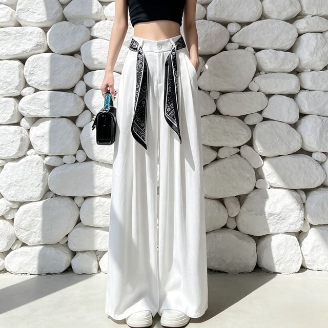 Cloud Nine-Set High Waist Plain Wide Leg Pants Scarf