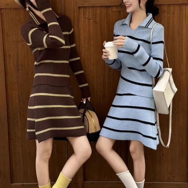 Cloud Nine-Set Long-Sleeve Collared Striped Sweater High Rise Mini A-Line Skirt