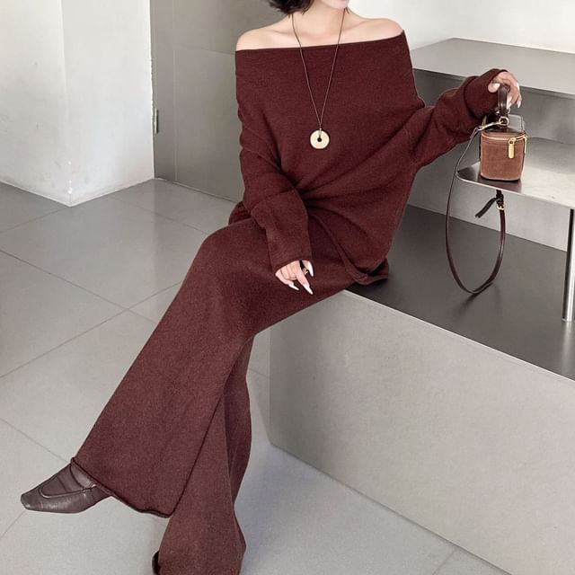 Cloud Nine-Set Long-Sleeve Off-Shoulder Plain Oversized Knit Top High Waist Wide Leg Pants