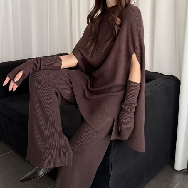 Cloud Nine-Set Mock Neck Plain Cape Sweater High Waist Knit Flared Pants Arm Sleeves