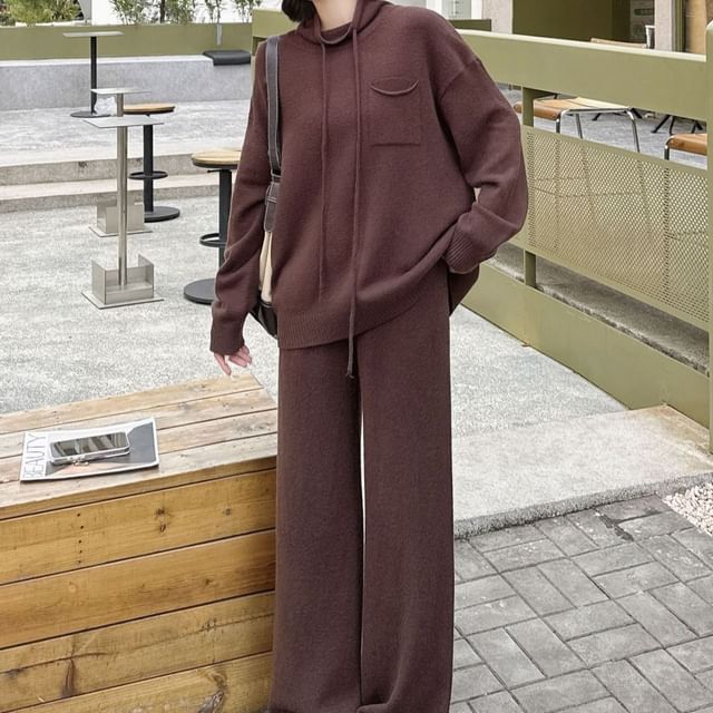 Cloud Nine-Set Mock Neck Plain Drawstring Sweater High Waist Wide Leg Pants