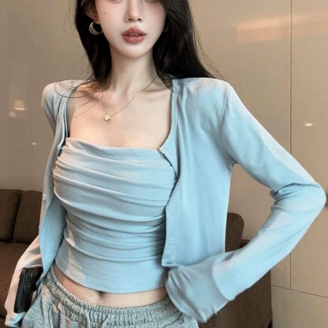 Cloud Nine-Set Plain Shirred Crop Camisole Top Button-Up Cardigan