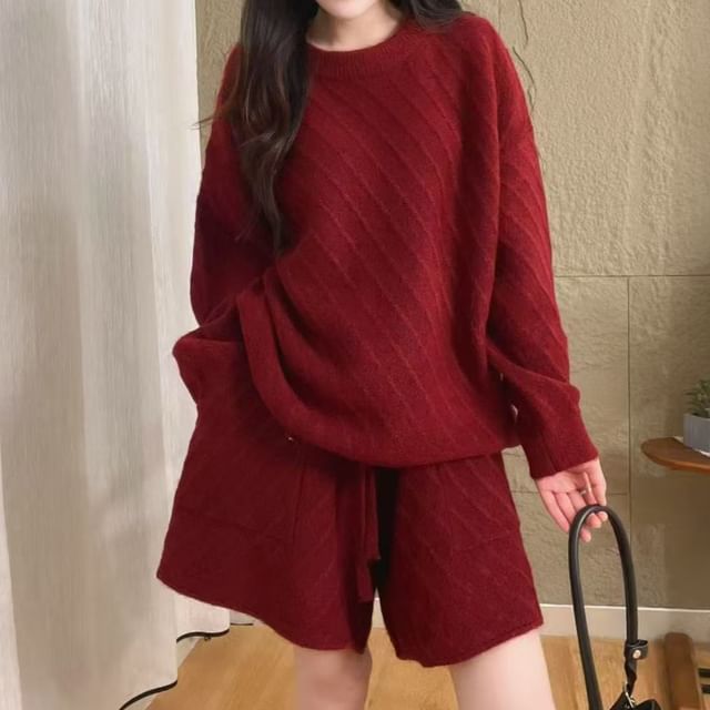 Cloud Nine-Set Round Neck Plain Sweater Drawstring Waist Wide Leg Shorts