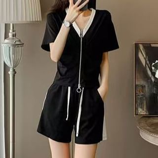 Cloud Nine-Set Short Sleeve V-Neck Two Tone Zip Top Drawstring Waist Shorts