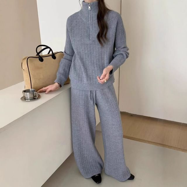 Cloud Nine-Set Stand Collar Half-Zip Plain Sweater Drawstring Waist Knit Wide Leg Pants