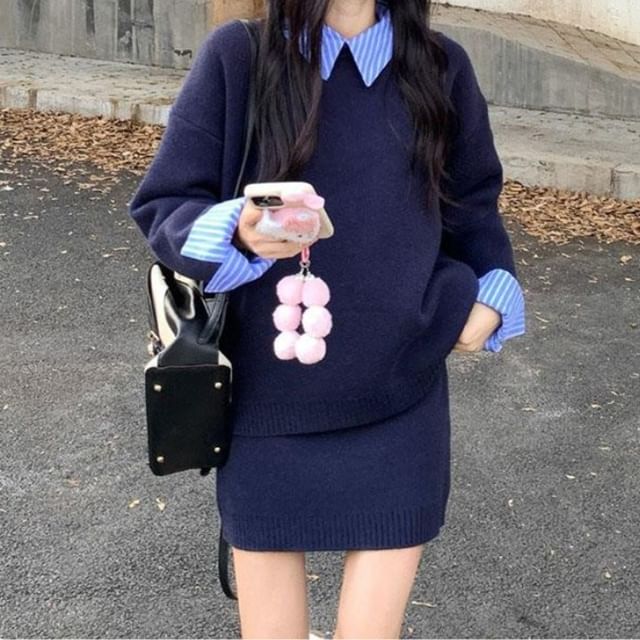 Cloud Nine-Set Striped Collar Sweater Knit Mini Skirt