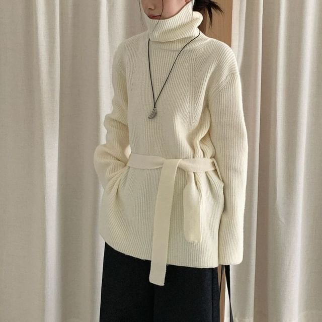 Cloud Nine-Set Turtleneck Plain Slit Oversized Sweater Belt