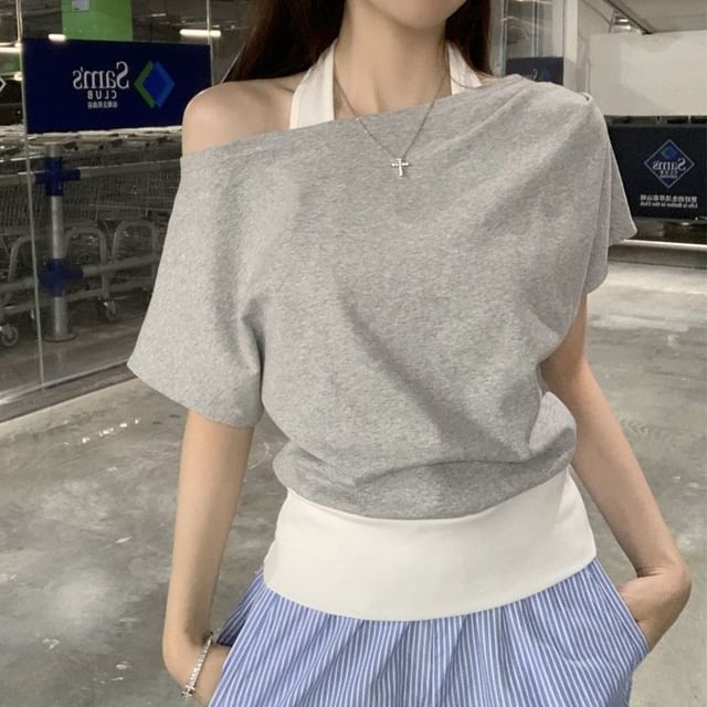 Cloud Nine-Short-Sleeve Cold Shoulder Mock Two Piece Tee