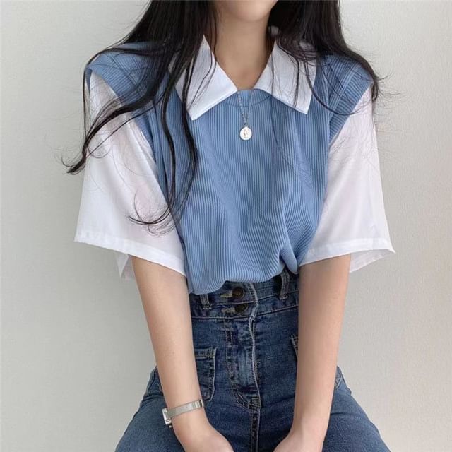 Cloud Nine-Short Sleeve Collared Mock Two Piece Top