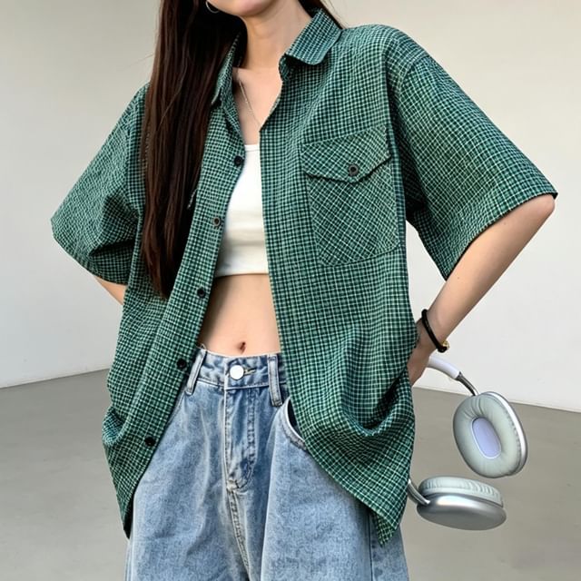 Cloud Nine-Short-Sleeve Collared Plaid Button Up Pocket Shirt