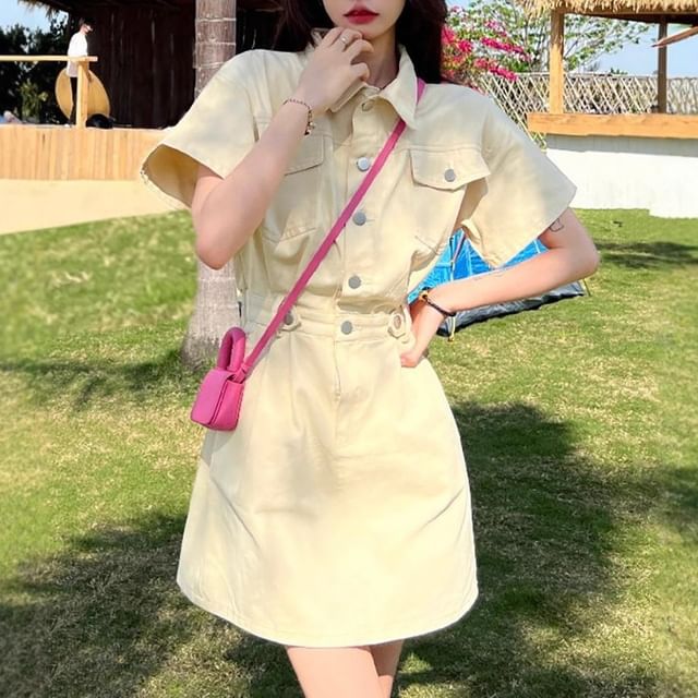 Cloud Nine-Short Sleeve Collared Plain Mini A-Line Cargo Dress