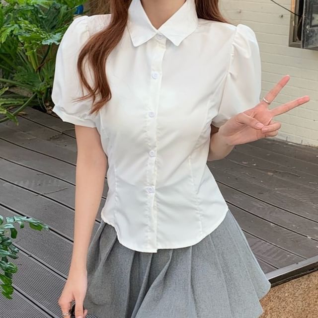 Cloud Nine-Short Sleeve Collared Plain Tie Back Shirt