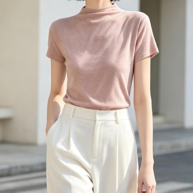 Cloud Nine-Short-Sleeve Mock Neck Plain Knit Top