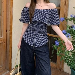 Cloud Nine-Short Sleeve Off Shoulder Plaid Blouse