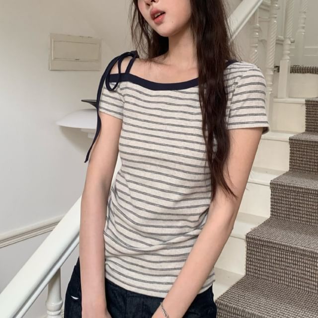 Cloud Nine-Short Sleeve One Shoulder Striped Tie-Up Top