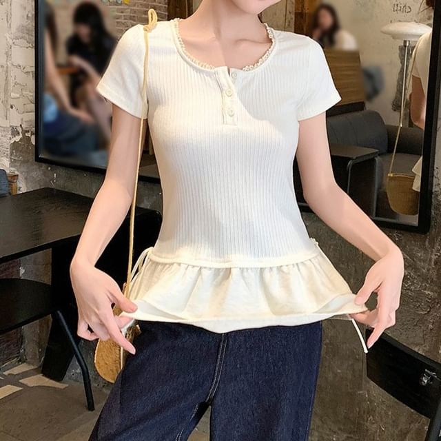 Cloud Nine-Short-Sleeve Scoop Neck Plain Ruffle Trim Tee