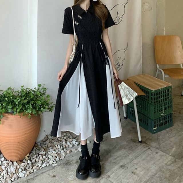 Cloud Nine-Short-Sleeve Two Tone Panel Midi A-Line Qipao