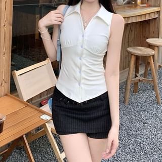Cloud Nine-Sleeveless Collared Plain Button Up Shirt