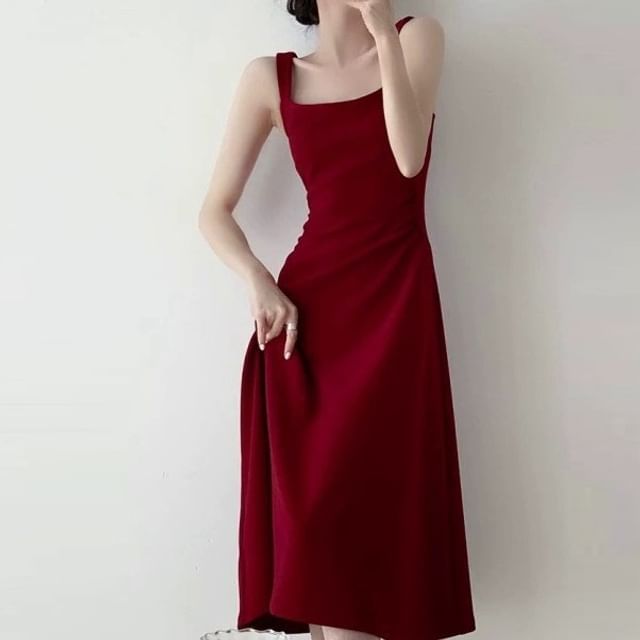 Cloud Nine-Sleeveless Square Neck Plain Midi A-Line Dress
