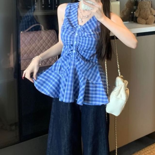 Cloud Nine-Sleeveless V-Neck Plaid Peplum Ruched Blouse
