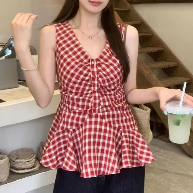 Cloud Nine-Sleeveless V-Neck Plaid Peplum Ruched Top