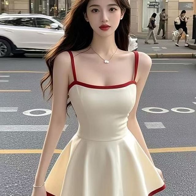 Cloud Nine-Spaghetti Strap Contrast Trim Mini A-Line Dress