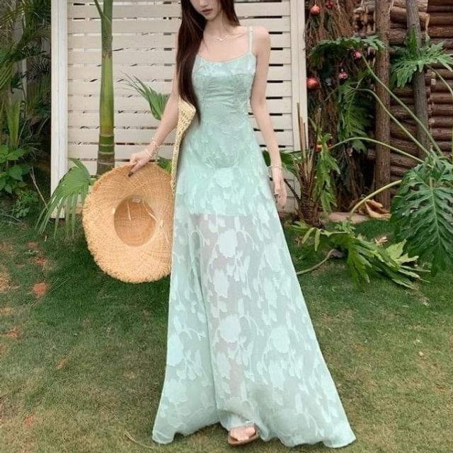 Cloud Nine-Spaghetti Strap Jacquard Maxi A-Line Dress