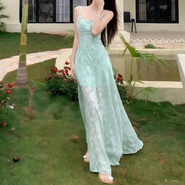 Cloud Nine-Spaghetti Strap Lace Maxi A-Line Dress