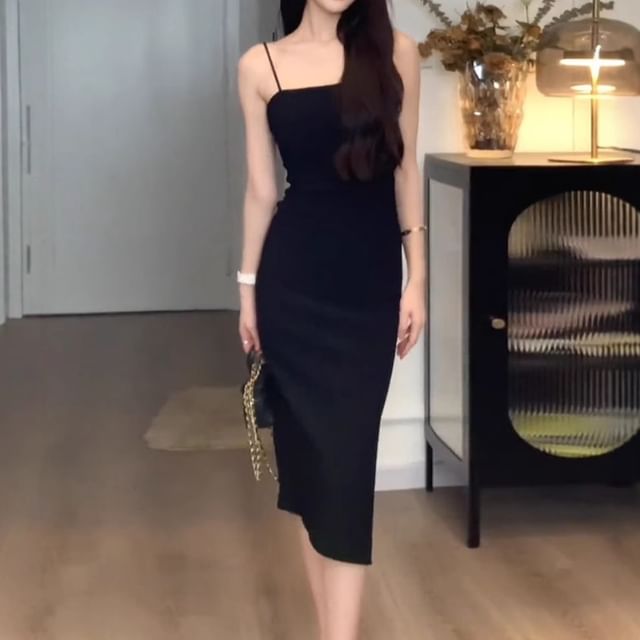 Cloud Nine-Spaghetti Strap Plain Midi Sheath Dress
