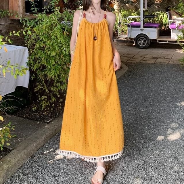 Cloud Nine-Spaghetti Strap Tassel Beaded Maxi A-Line Dress