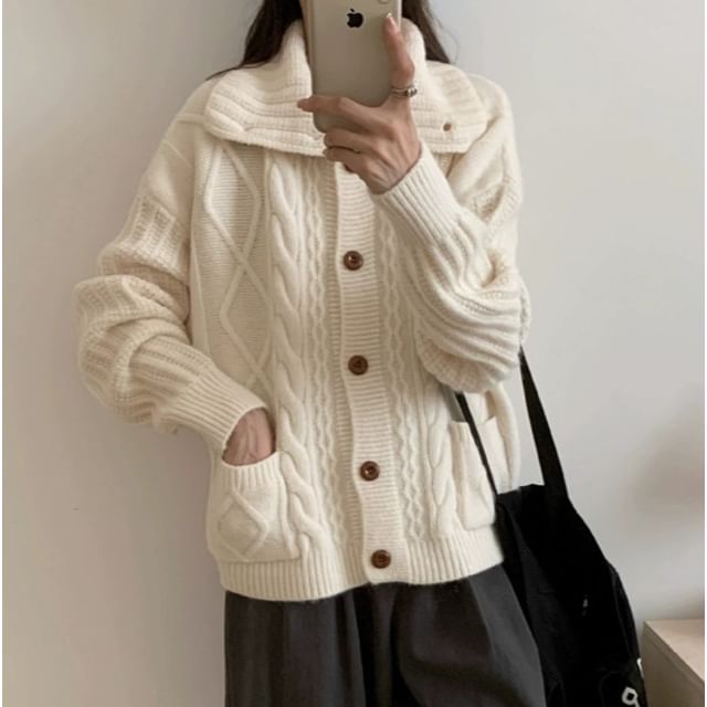 Cloud Nine-Stand Collar Button-Up Plain Cable Knit Cardigan
