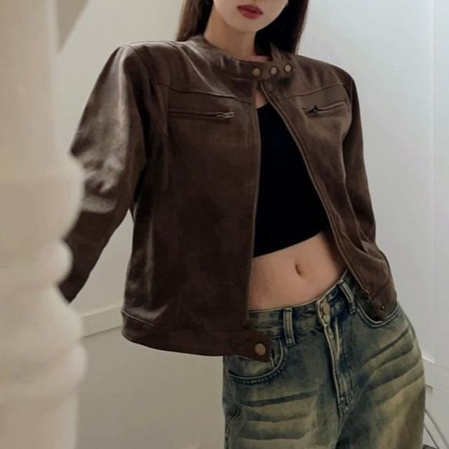 Cloud Nine-Stand Collar Plain Faux Leather Cropped Zip Jacket