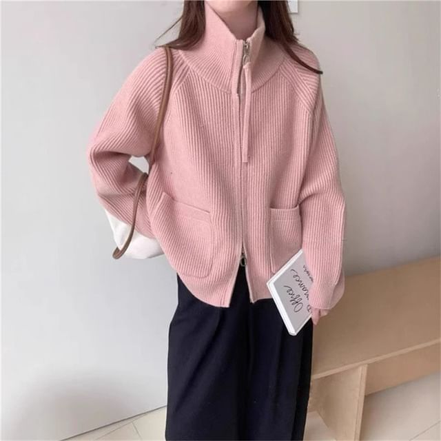 Cloud Nine-Stand Collar Zip-Up Plain Cardigan