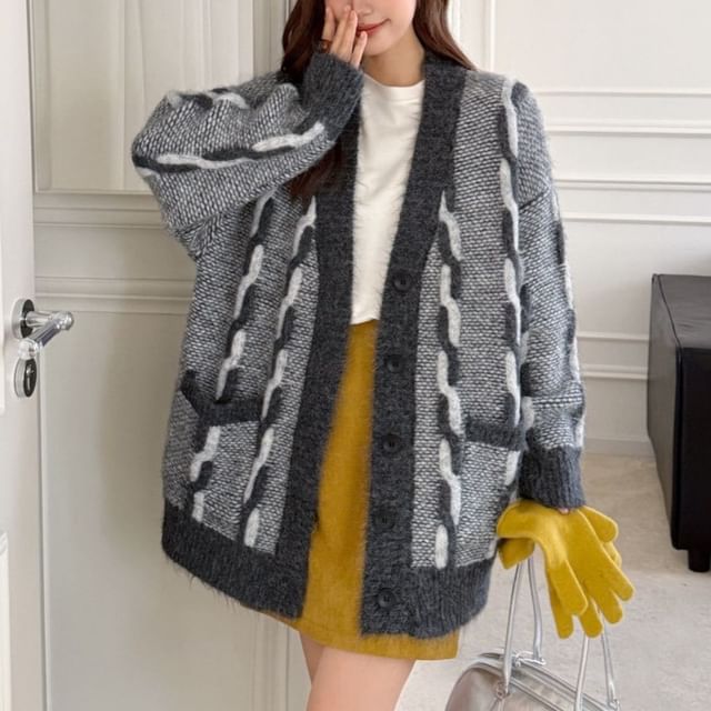 Cloud Nine-V-Neck Color Block Cable Knit Oversized Cardigan