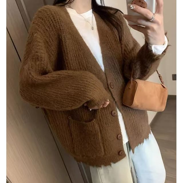 Cloud Nine-V-Neck Frayed Button-Up Plain Cardigan